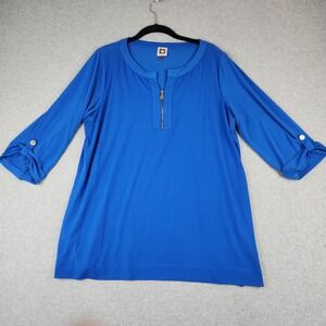 Anne Klein Royal Blue Zip Front Tunic Top XL Gold Lion Logo Roll Tab Sleeve